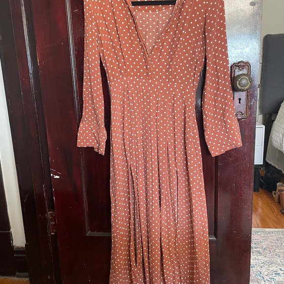 Topshop brown polka dot button down dress with leg slits - Picture 2 of 4